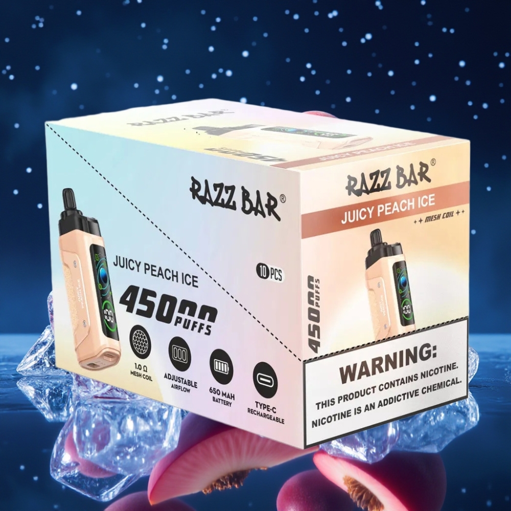 Razz Bar 45000 Puffs Ühekordne Vape Mahljas Virsikujää & Adjustable Airflow, 1.0 Ohm Mesh Coil, Type-C Laadimine