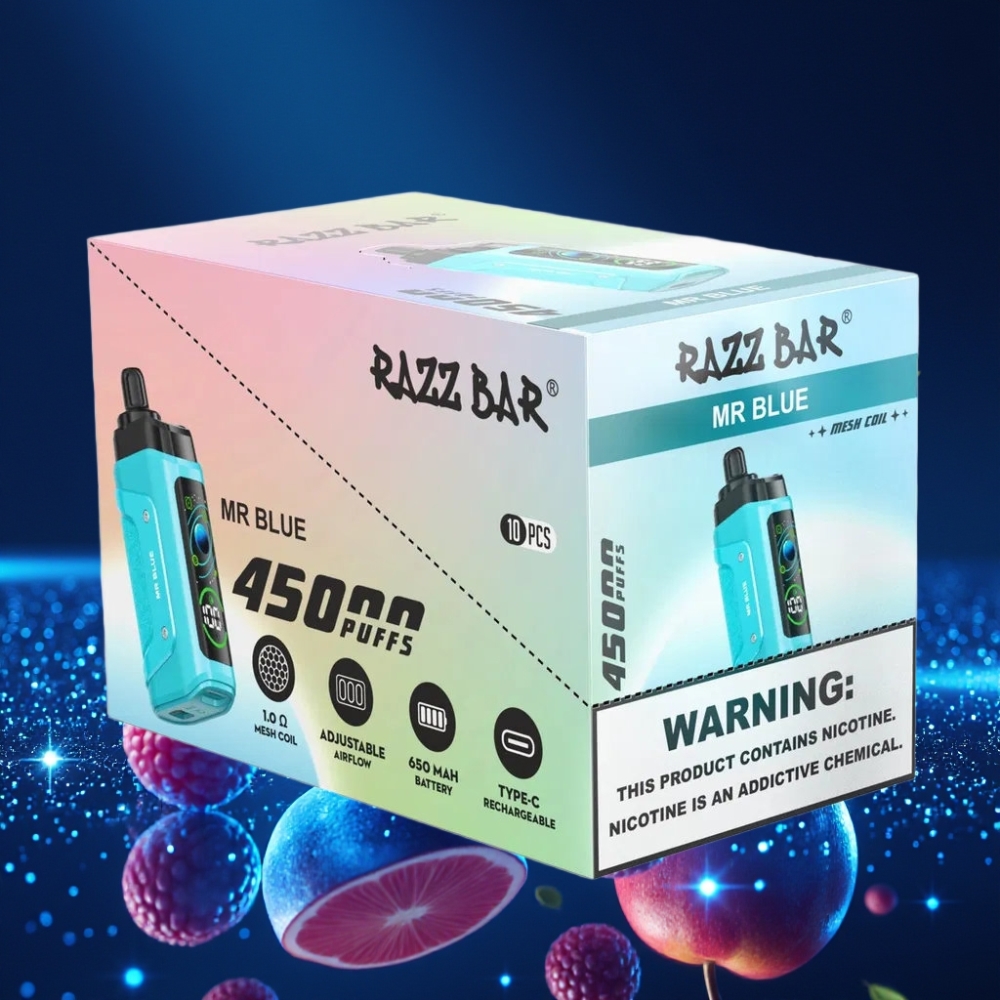 Razz Bar 45000 Puffs Ühekordne Vape – Sinine ja Vaarikas, 1.0 Ohm Mesh Coil, Reguleeritav Õhuvool, Type-C Laadimine