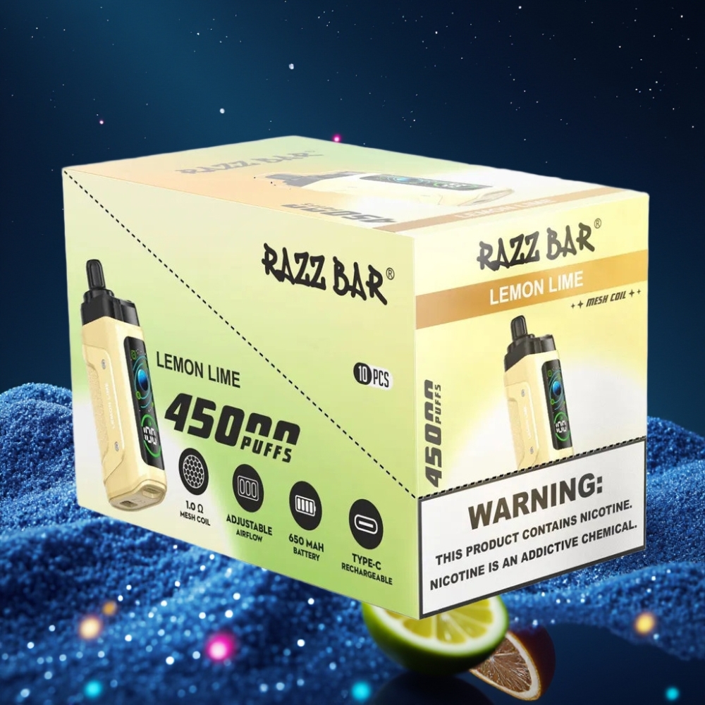 Razz Bar 45000 Puhangut Ühekordne Vape Sidruni-Laimi, 1.0 Ohm Mesh Coil, Reguleeritav Õhuvool, 650 Mah Akuga, Type-C Laadimisega, 20 mg/ml Nikotiinitugevus