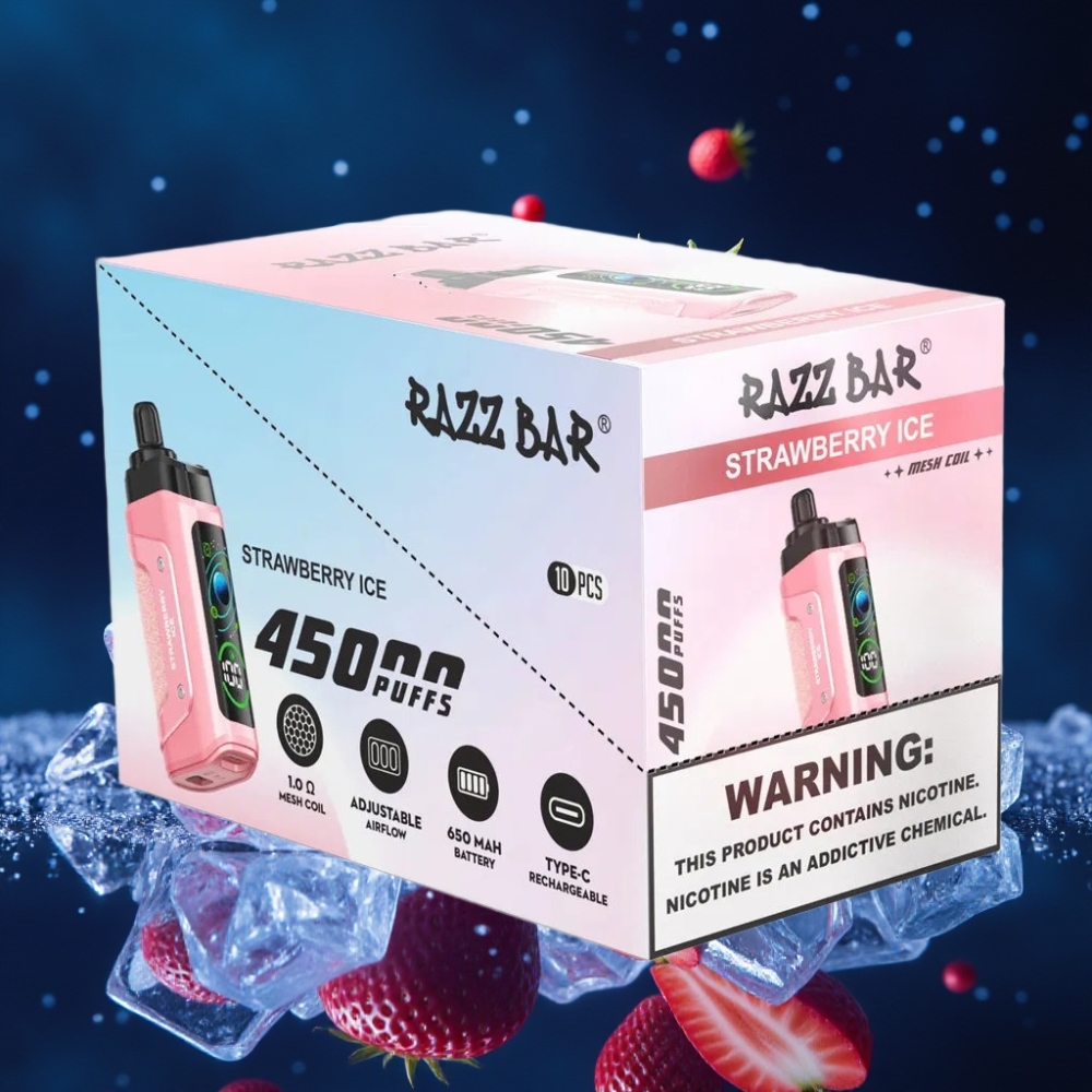 Razz Bar 45000 Sõnge Ühekordne Vape Maasikajää & 1.0 Ohm Mesh Coil, Reguleeritav õhuvool, Type-C Laadimine