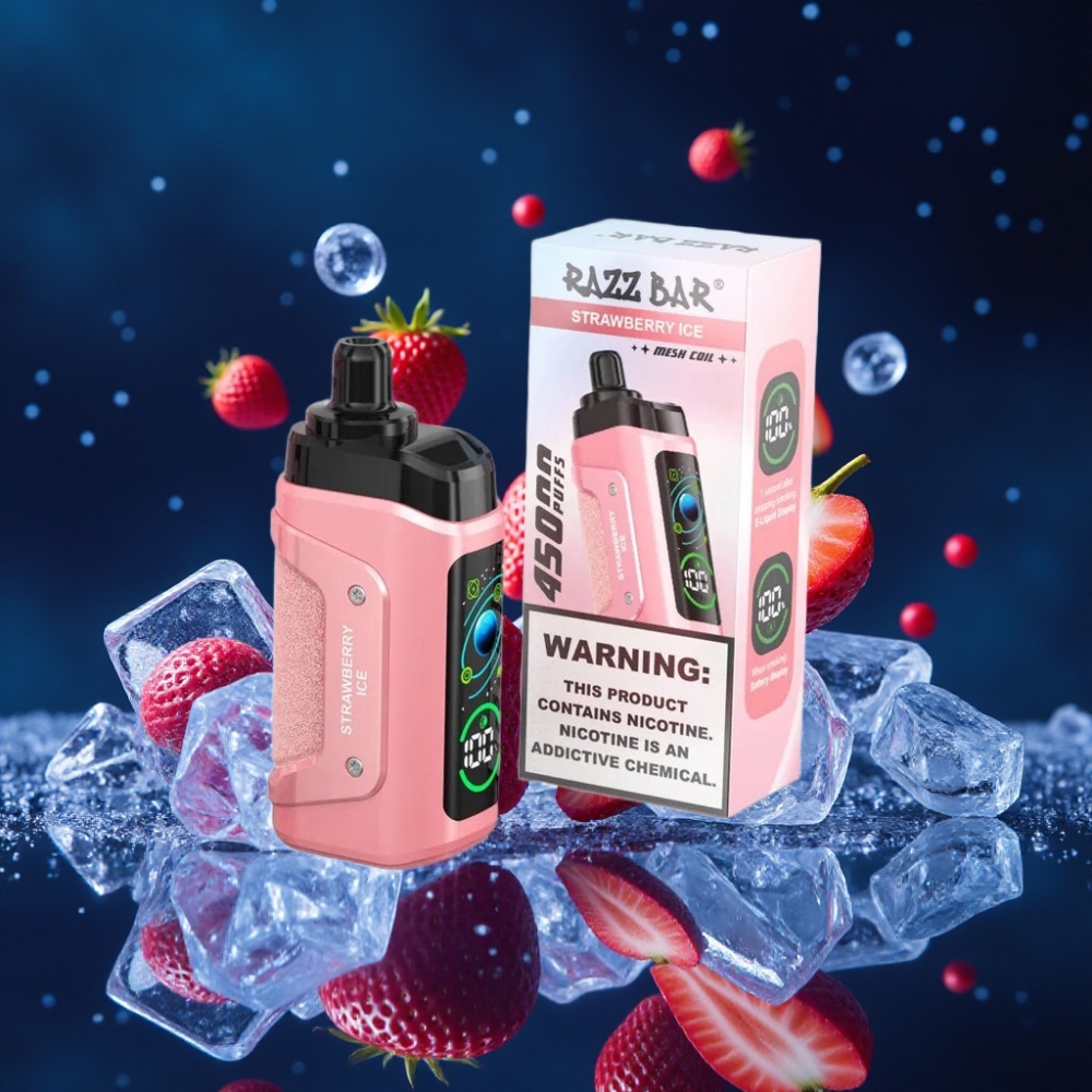 Razz Bar 45000 Sõnge Ühekordne Vape Maasikajää & 1.0 Ohm Mesh Coil, Reguleeritav õhuvool, Type-C Laadimine