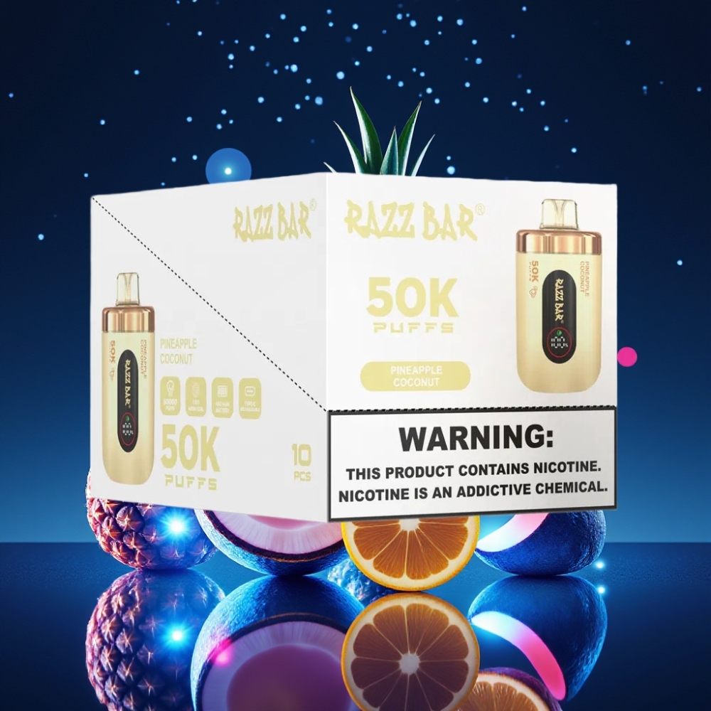 Razz Bar 50K Puffs Ühekordne Vape Ananass-Kookos 50000 Puffs, 1.0 Ohm Mesh Coil, 650 Mah