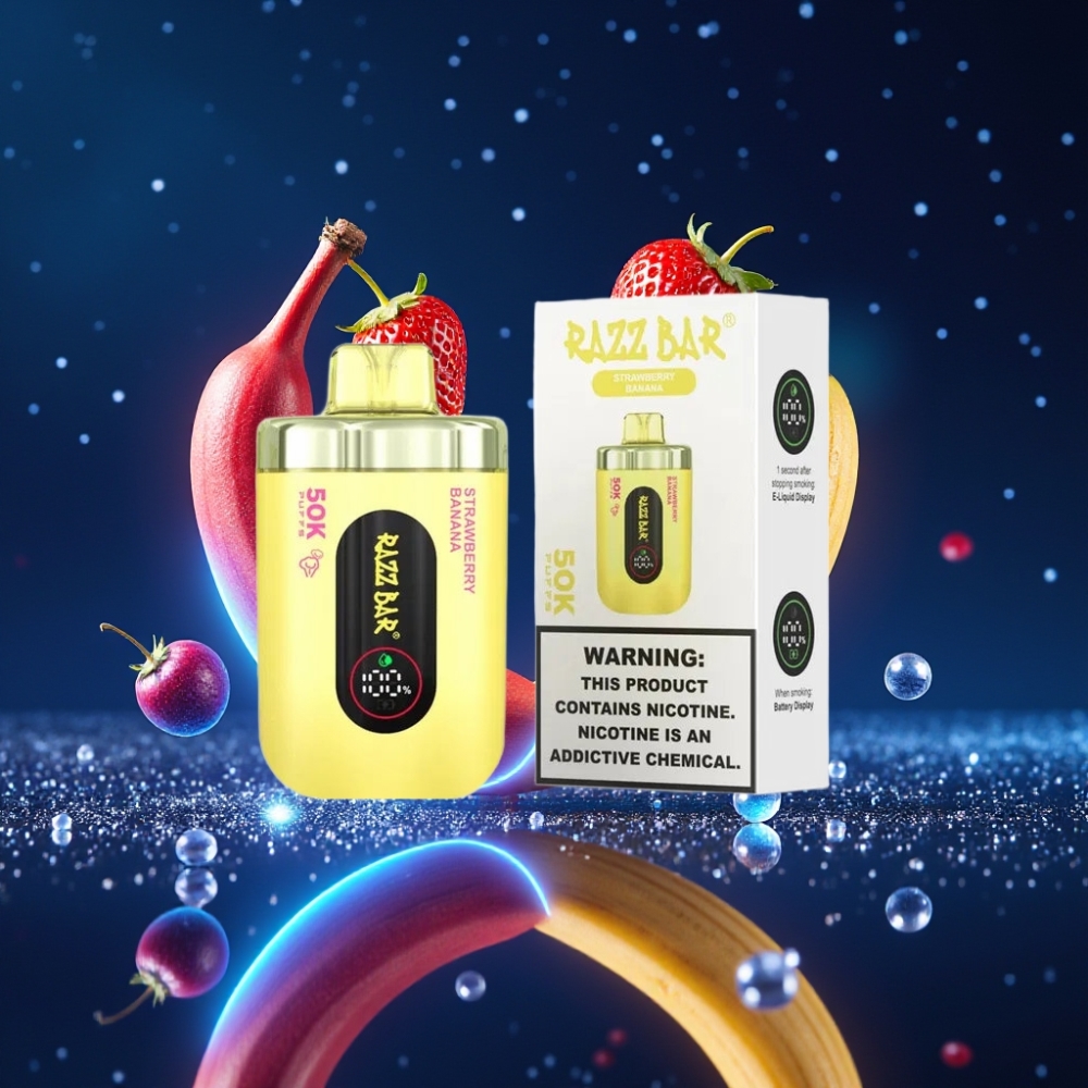 Razz Bar 50K Puffs Ühekordne Vape Maasika-Banaani, 50000 Tilku, 1.0 Ohm Mesh, Type-C Laadimine, 2% Nikotiini