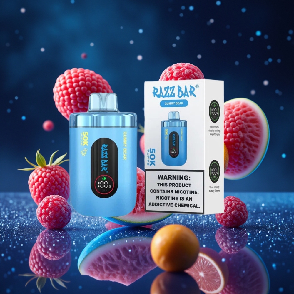 Razz Bar 50K Puffs Ühekordne Vape Mesi-karupuu, 1.0 Ohm Mesh Coil, 650 Mah, Type-C Laadimisega, 2% Nikotiini