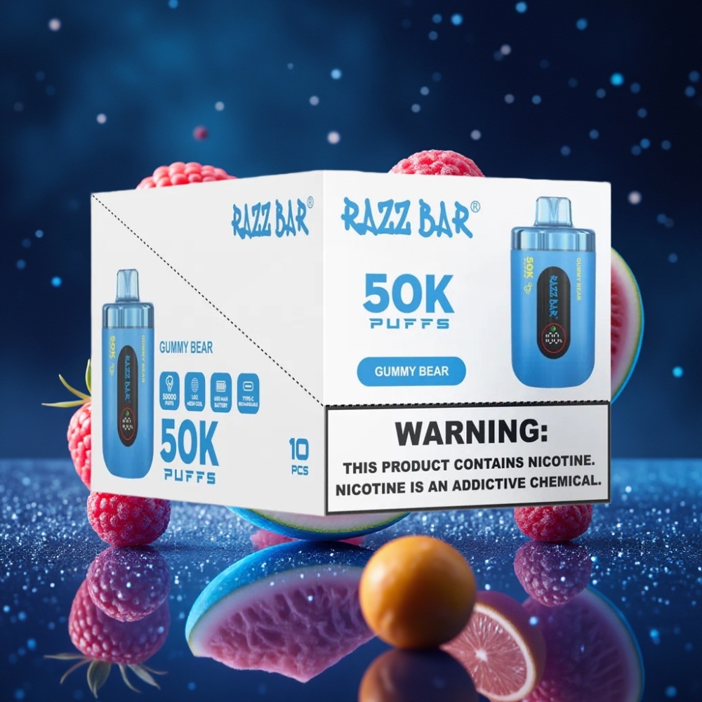 Razz Bar 50K Puffs Ühekordne Vape Mesi-karupuu, 1.0 Ohm Mesh Coil, 650 Mah, Type-C Laadimisega, 2% Nikotiini