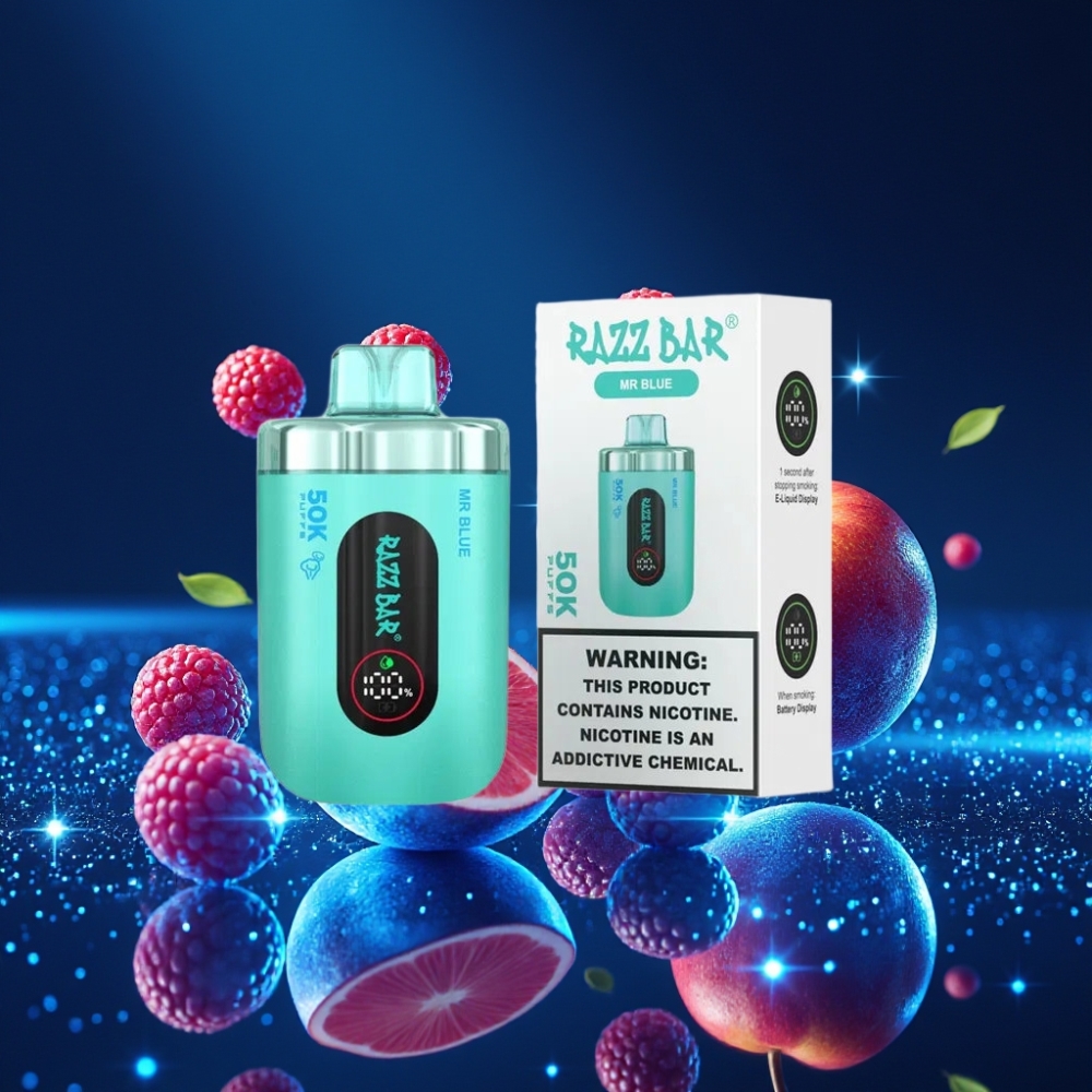 Razz Bar 50K Puffs Ühekordne Vape Mr Blue 1.0 Ohm Mesh Coil 650mAh Type-C Laaditav