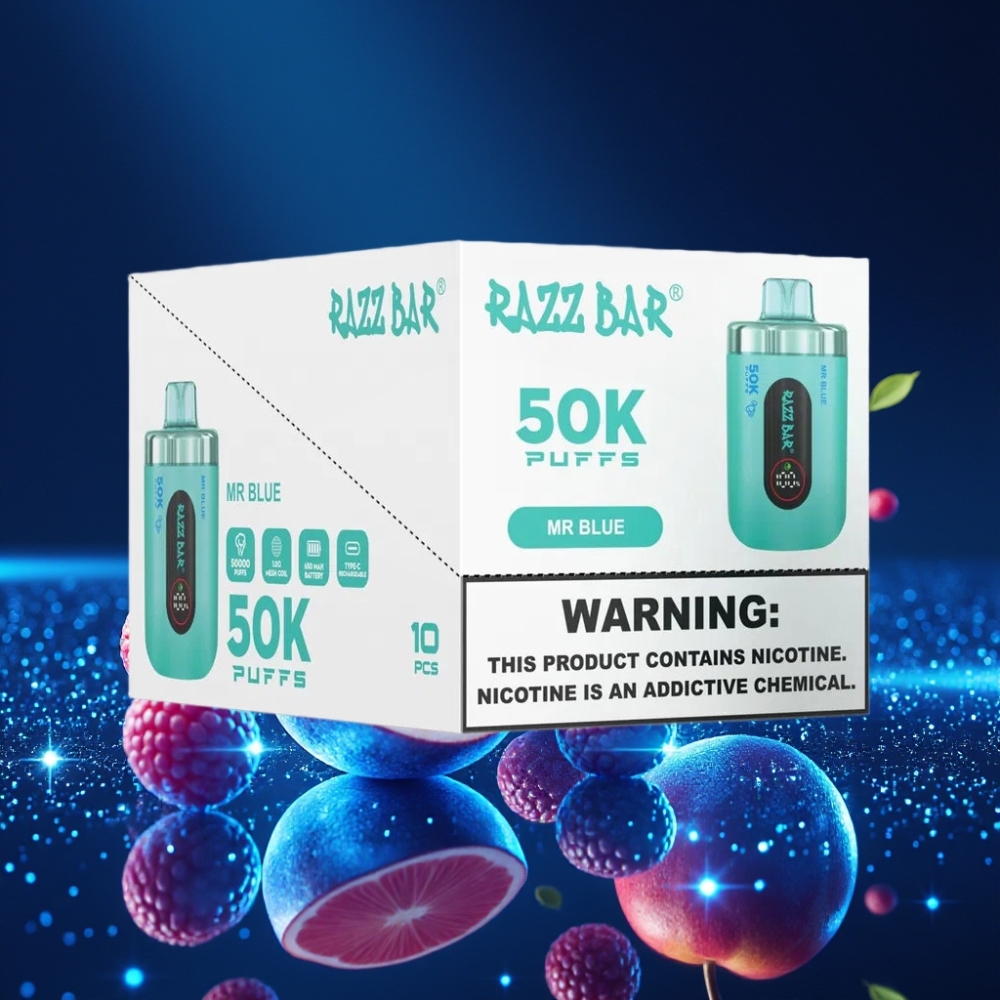 Razz Bar 50K Puffs Ühekordne Vape Mr Blue 1.0 Ohm Mesh Coil 650mAh Type-C Laaditav