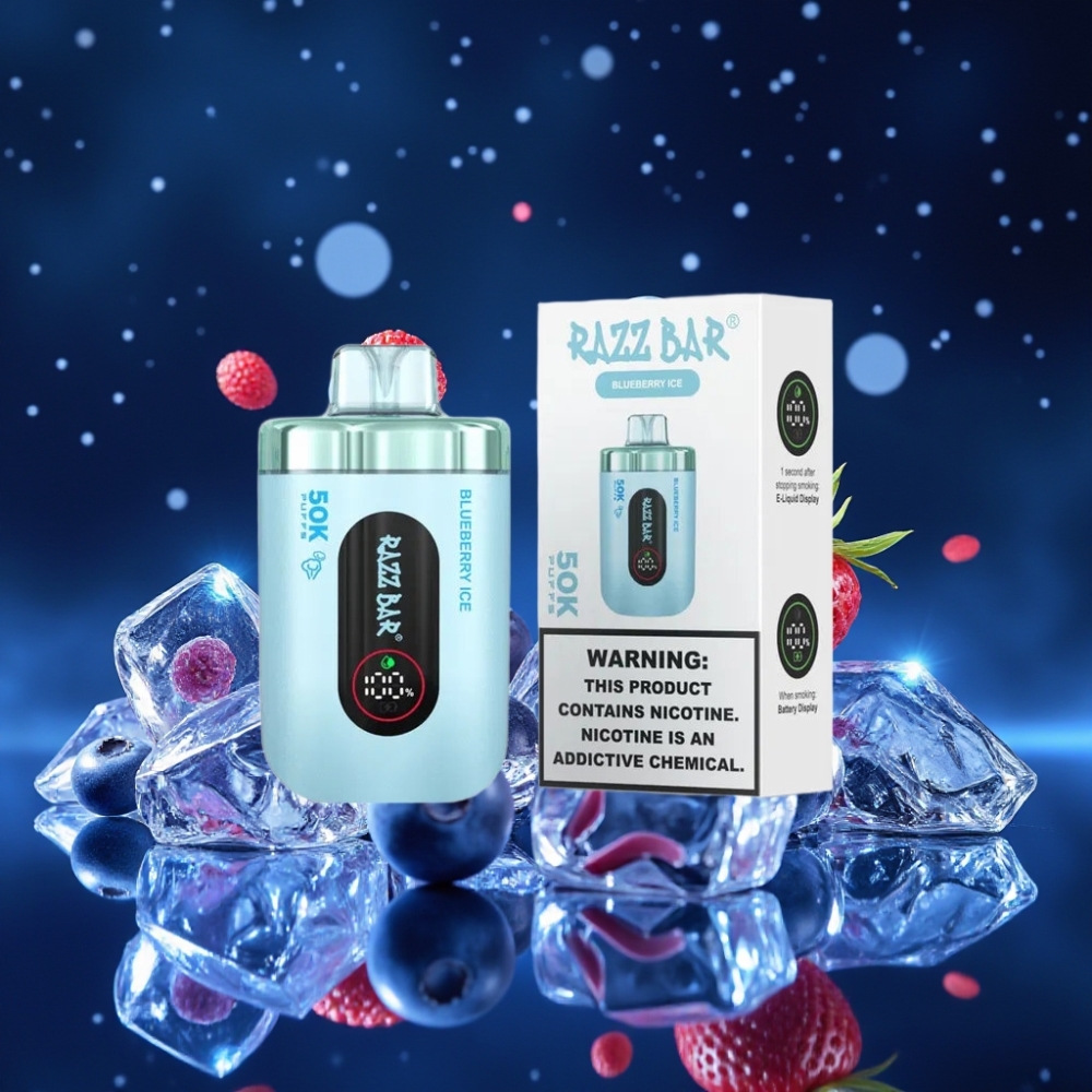 Razz Bar 50K Puffs Ühekordne Vape Mustika-Jää 50000 Sõõmuga, 1.0 Ohm Mesh Coil, 650 Mah Akuga, Type-C Laadimisega, 2% Nikotiini