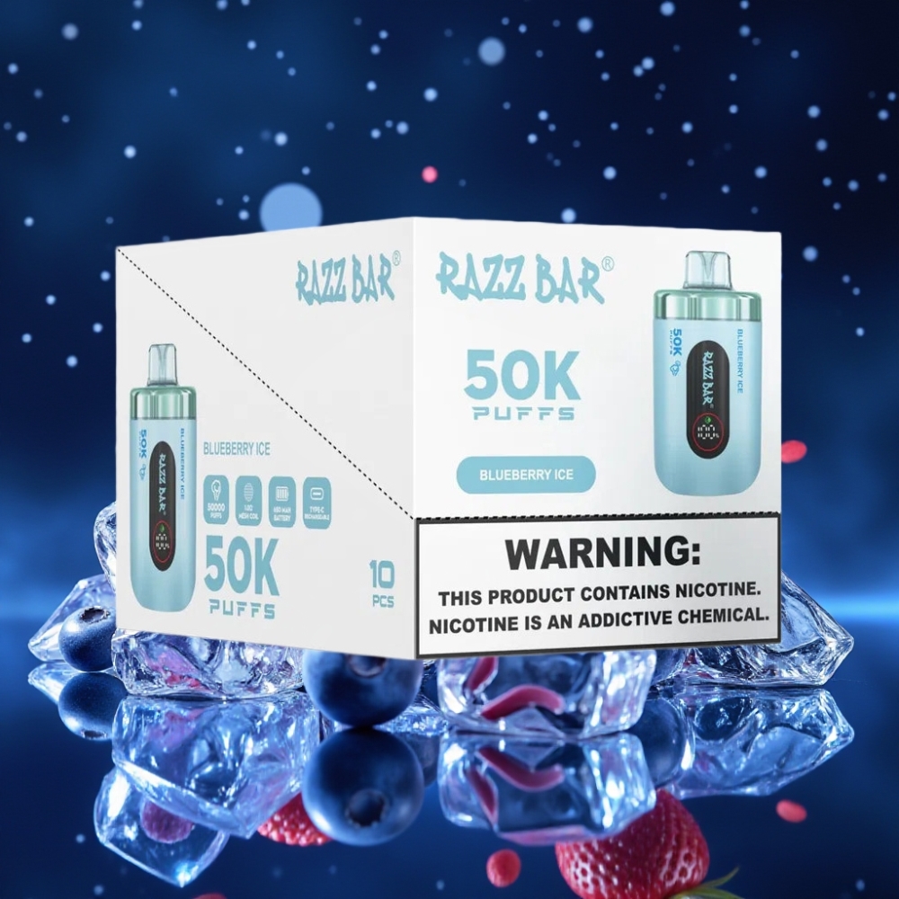 Razz Bar 50K Puffs Ühekordne Vape Mustika-Jää 50000 Sõõmuga, 1.0 Ohm Mesh Coil, 650 Mah Akuga, Type-C Laadimisega, 2% Nikotiini