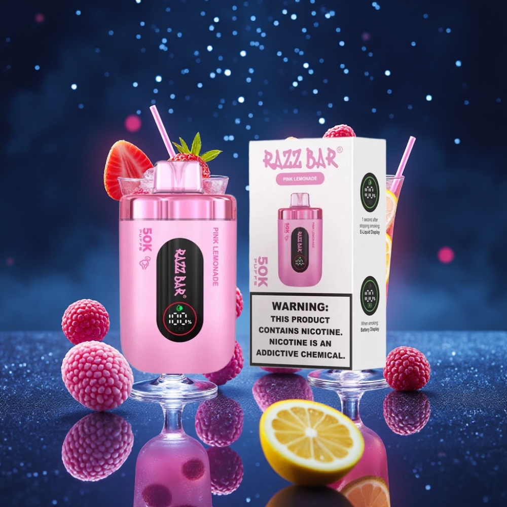Razz Bar 50K Puffs Ühekordne Vape Roosa Sidrunimahl 1.0 Ohm Mesh Coil 650 Mah Type-C Laaditav 2% Nikotiini