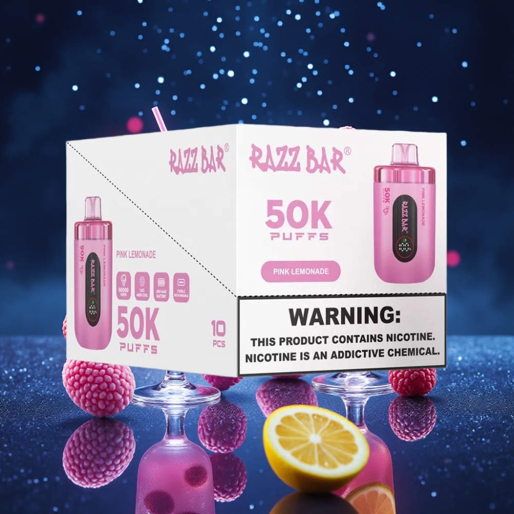Razz Bar 50K Puffs Ühekordne Vape Roosa Sidrunimahl 1.0 Ohm Mesh Coil 650 Mah Type-C Laaditav 2% Nikotiini