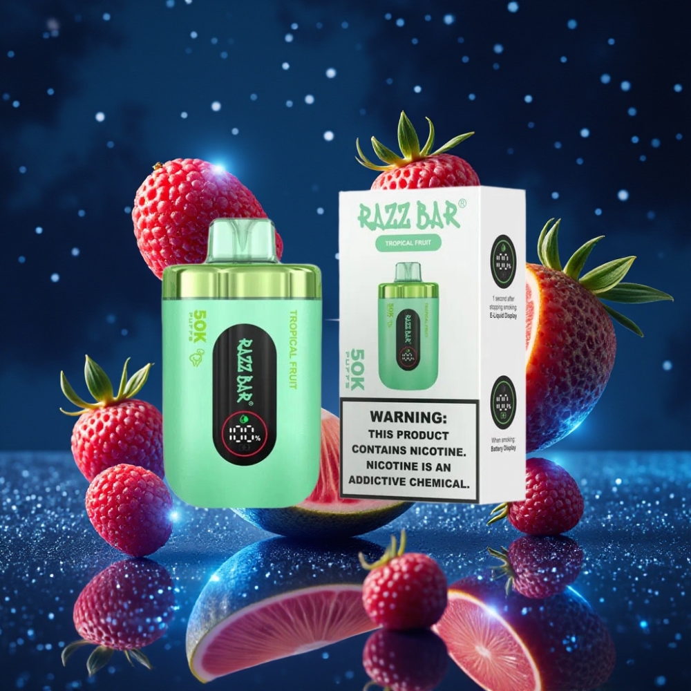 Razz Bar 50K Puffs Ühekordne Vape Troopilise Puuvilja Maitse – 50000 Tõmmet, 1.0 Ohm Mesh Coil, 650 Mah Akuga, Type-C Laadimisega, 2% Nikotiini