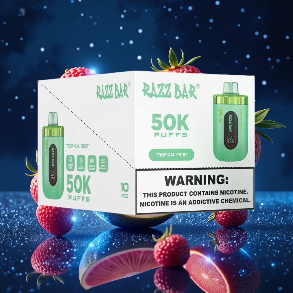 Razz Bar 50K Puffs Ühekordne Vape Troopilise Puuvilja Maitse – 50000 Tõmmet, 1.0 Ohm Mesh Coil, 650 Mah Akuga, Type-C Laadimisega, 2% Nikotiini