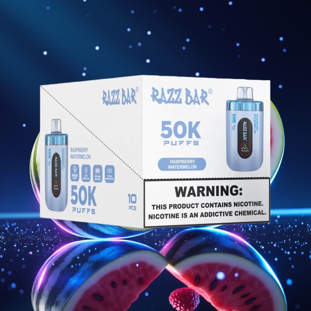 Razz Bar 50K Puffs Ühekordne Vape Vaarikas-Arbuus, 650 Mah, Type-C Laaditav, 2% Nikotiini