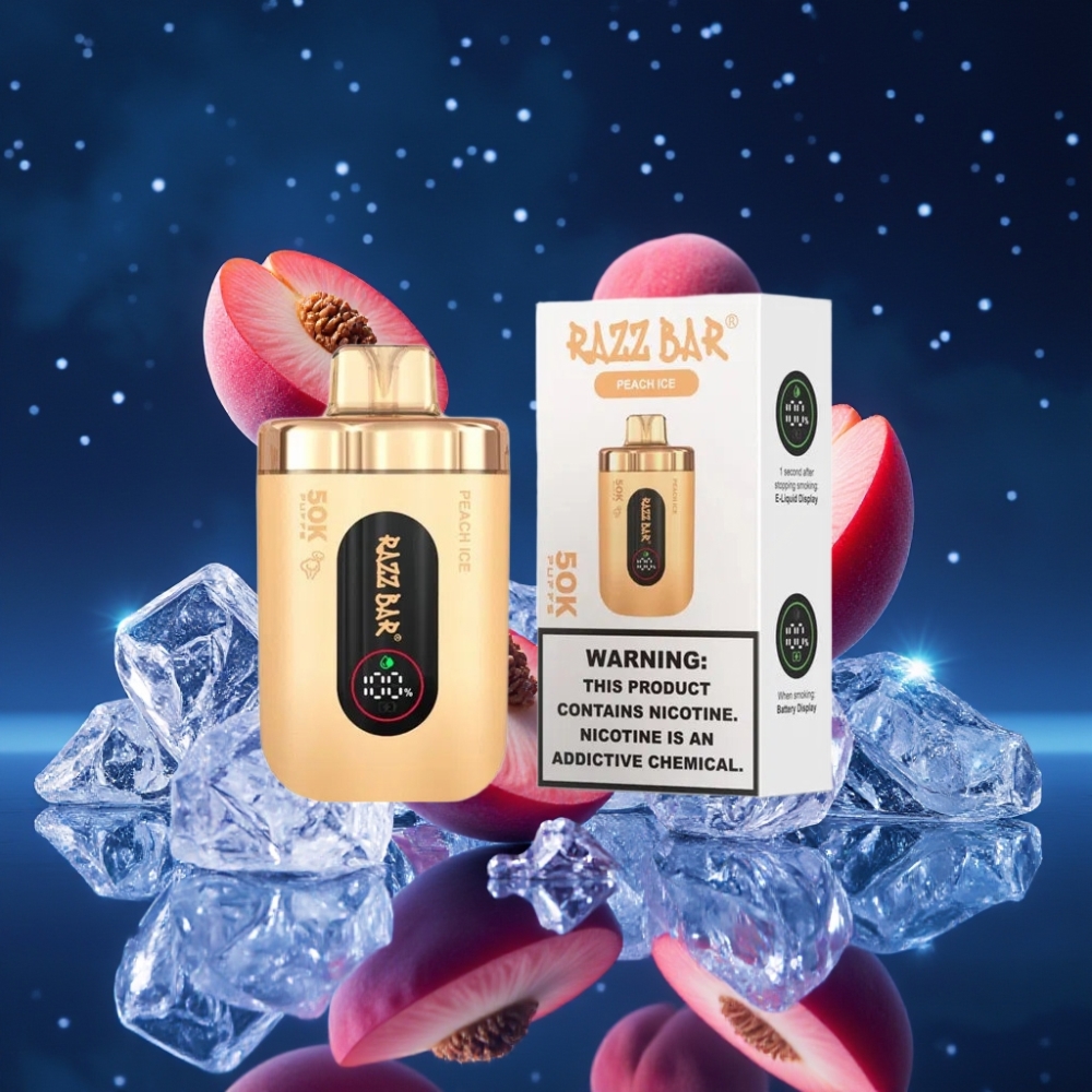 Razz Bar 50K Puffs Ühekordne Vape Virsikujää & Marjad 50000 Puffs 1.0 Ohm Mesh 650mAh Type-C 2% Nikotiini