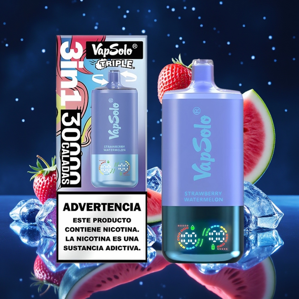 VapSolo Triple 30000 Puffs 40ml E-Maitsed: Maasikas-Arbuus & Mustika Jää, Nikotiinitugevus 20 mg/ml või 50 mg/ml, Type-C Laadimine, 3 Õlipaaki
