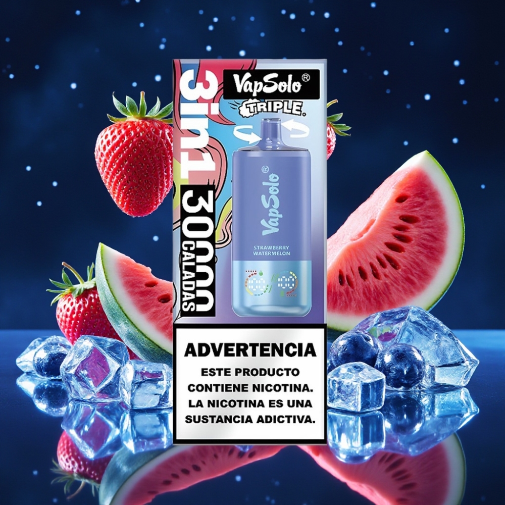 VapSolo Triple 30000 Puffs 40ml E-Maitsed: Maasikas-Arbuus & Mustika Jää, Nikotiinitugevus 20 mg/ml või 50 mg/ml, Type-C Laadimine, 3 Õlipaaki