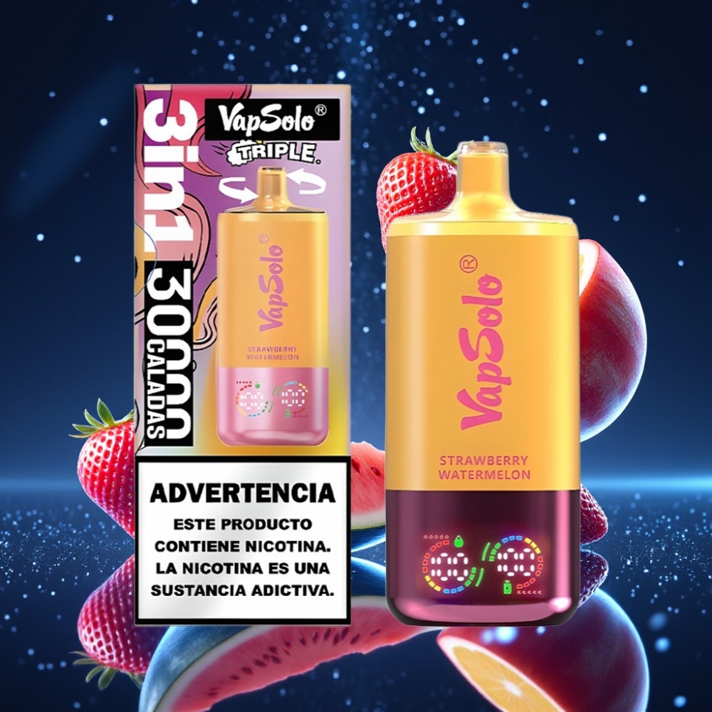 VapSolo Triple 30000 Puffs 40ml Maasikas-Arbuusi & Virsik-Piitsdisposabel Vape Type-C Laadimisega 20mg/ml,50mg/ml Nikotiinitugevus