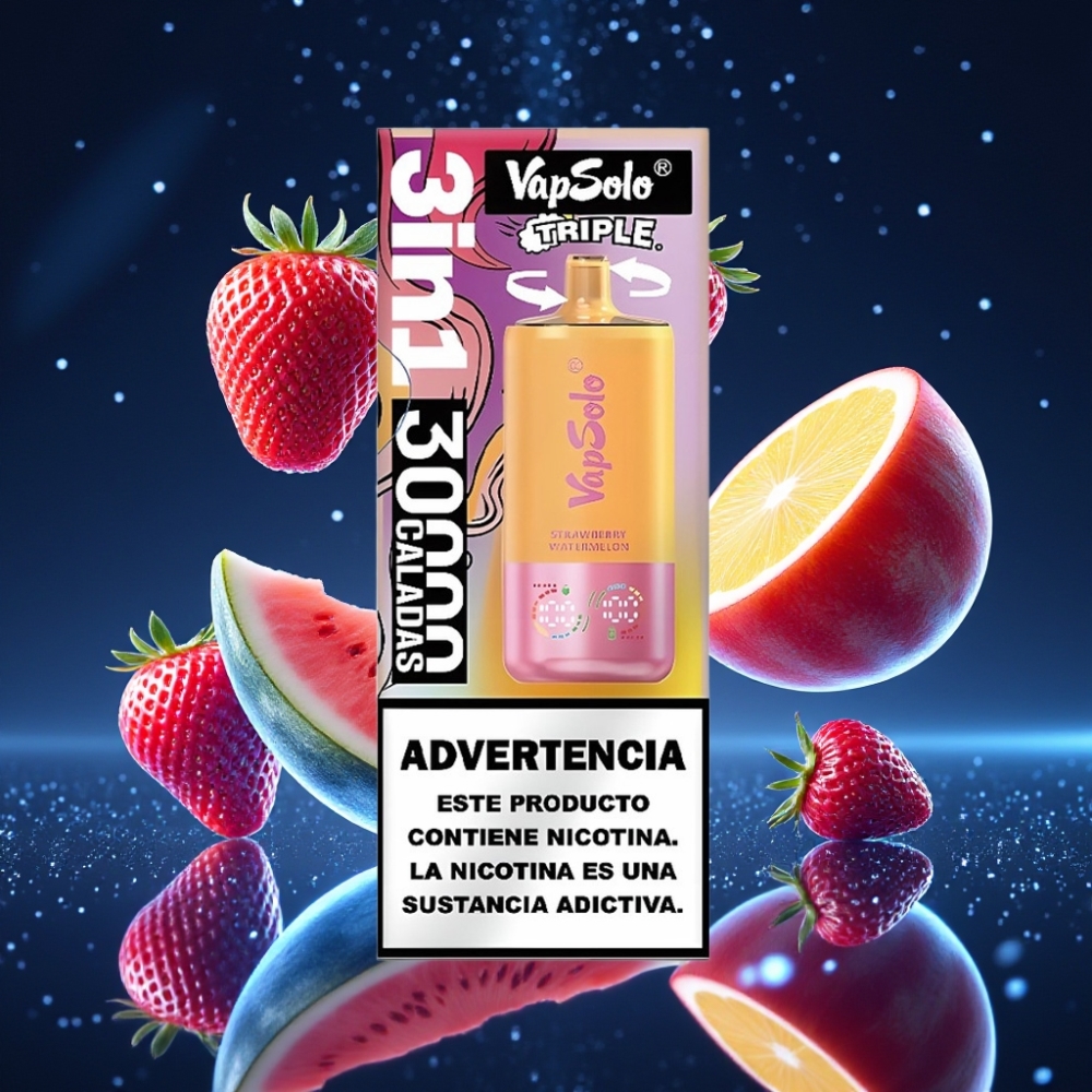 VapSolo Triple 30000 Puffs 40ml Maasikas-Arbuusi & Virsik-Piitsdisposabel Vape Type-C Laadimisega 20mg/ml,50mg/ml Nikotiinitugevus