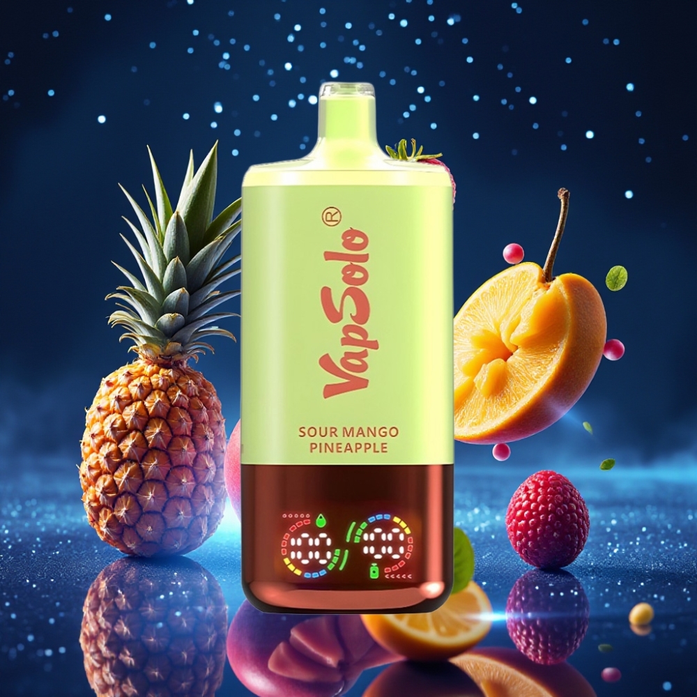 VapSolo Triple 30000 Puffs Ühekordne Vape Hapu Mango-Ananass (47x47x115mm, 40ml, 20/50 mg/ml, 3 mahuti, Type-C)