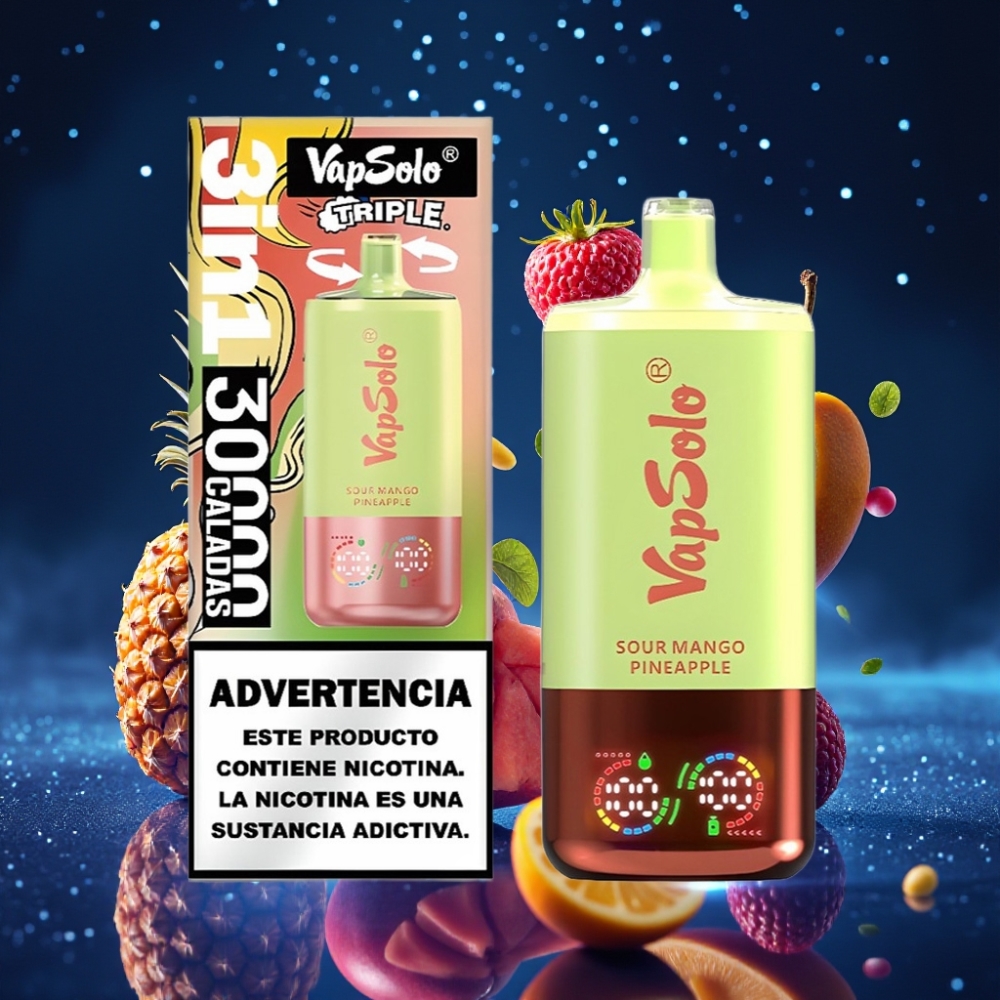 VapSolo Triple 30000 Puffs Ühekordne Vape Hapu Mango-Ananass (47x47x115mm, 40ml, 20/50 mg/ml, 3 mahuti, Type-C)