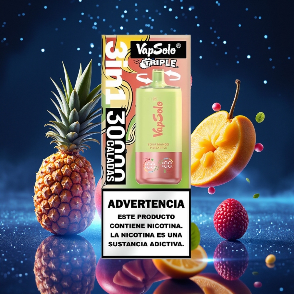 VapSolo Triple 30000 Puffs Ühekordne Vape Hapu Mango-Ananass (47x47x115mm, 40ml, 20/50 mg/ml, 3 mahuti, Type-C)