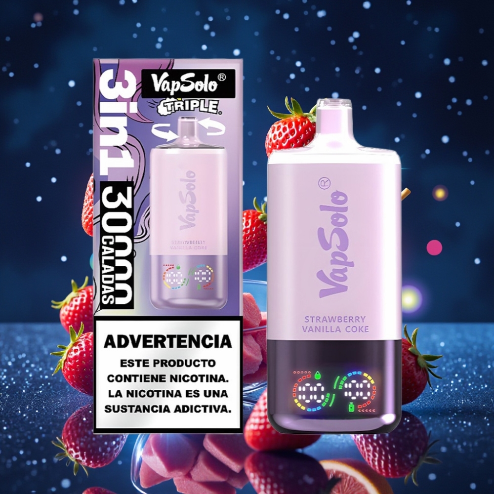 VapSolo Triple 30000 Puffs Ühekordne Vape Maasika-Vanilli-Kookla (47x47x115mm, 40ml, 20/50 mg/ml, 3 paak, Type-C)