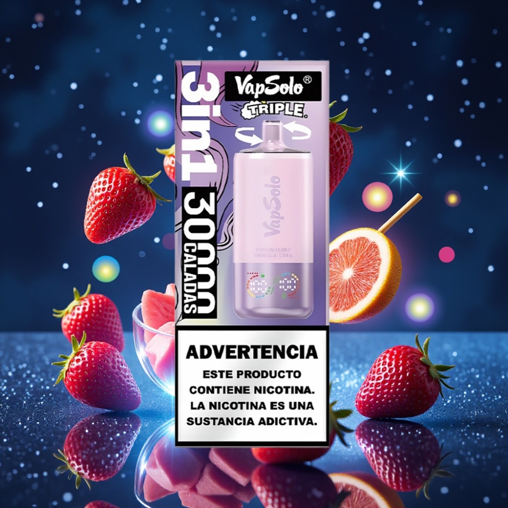 VapSolo Triple 30000 Puffs Ühekordne Vape Maasika-Vanilli-Kookla (47x47x115mm, 40ml, 20/50 mg/ml, 3 paak, Type-C)