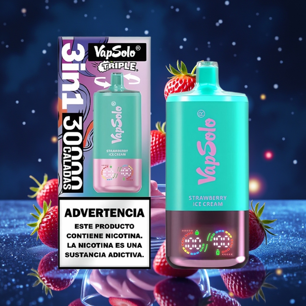 VapSolo Triple 30000 Puffs Ühekordne Vape Maasikajäätis, 40ml E-vedelik, 20/50 mg/ml nikotiini, 3 mahutit, Type-C laadimine