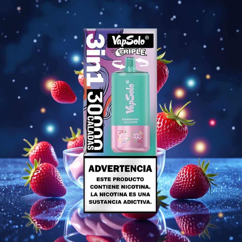 VapSolo Triple 30000 Puffs Ühekordne Vape Maasikajäätis, 40ml E-vedelik, 20/50 mg/ml nikotiini, 3 mahutit, Type-C laadimine