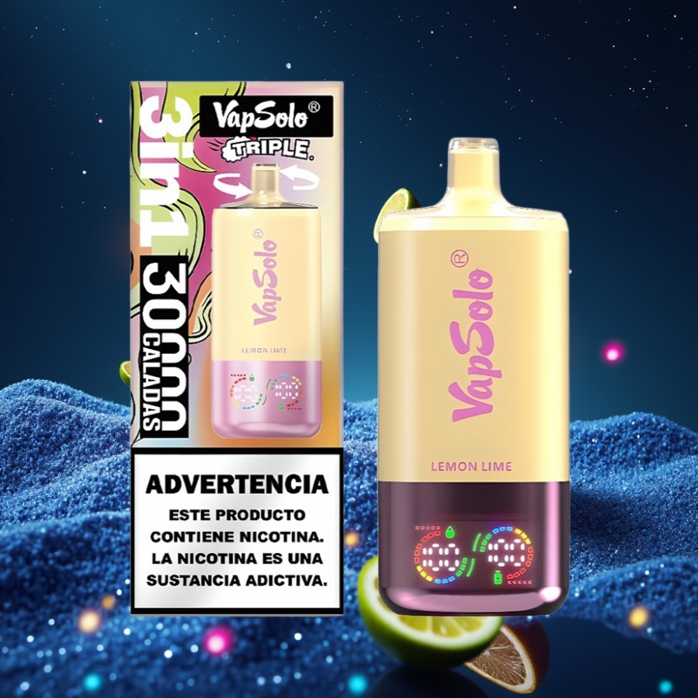 VapSolo Triple 30000 Puffs Ühekordne Vape Sidruni-Laimi, 40ml, 20 mg/ml või 50 mg/ml, Type-C Laadimine, 3 õlipaaki