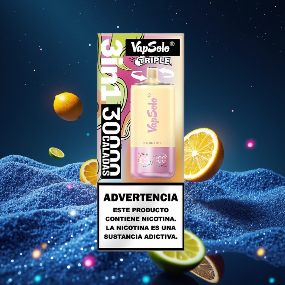 VapSolo Triple 30000 Puffs Ühekordne Vape Sidruni-Laimi, 40ml, 20 mg/ml või 50 mg/ml, Type-C Laadimine, 3 õlipaaki