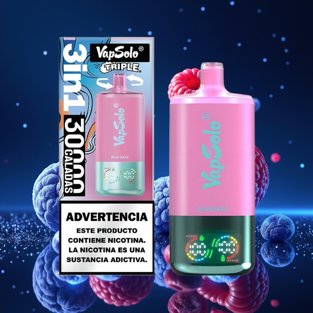 VapSolo Triple 30000 Puffs Ühekordne Vape Sinised Vaarika(Blue Razz) - 40ml, 20mg/ml/50mg/ml, 3 Tanki, Type-C Laadimine