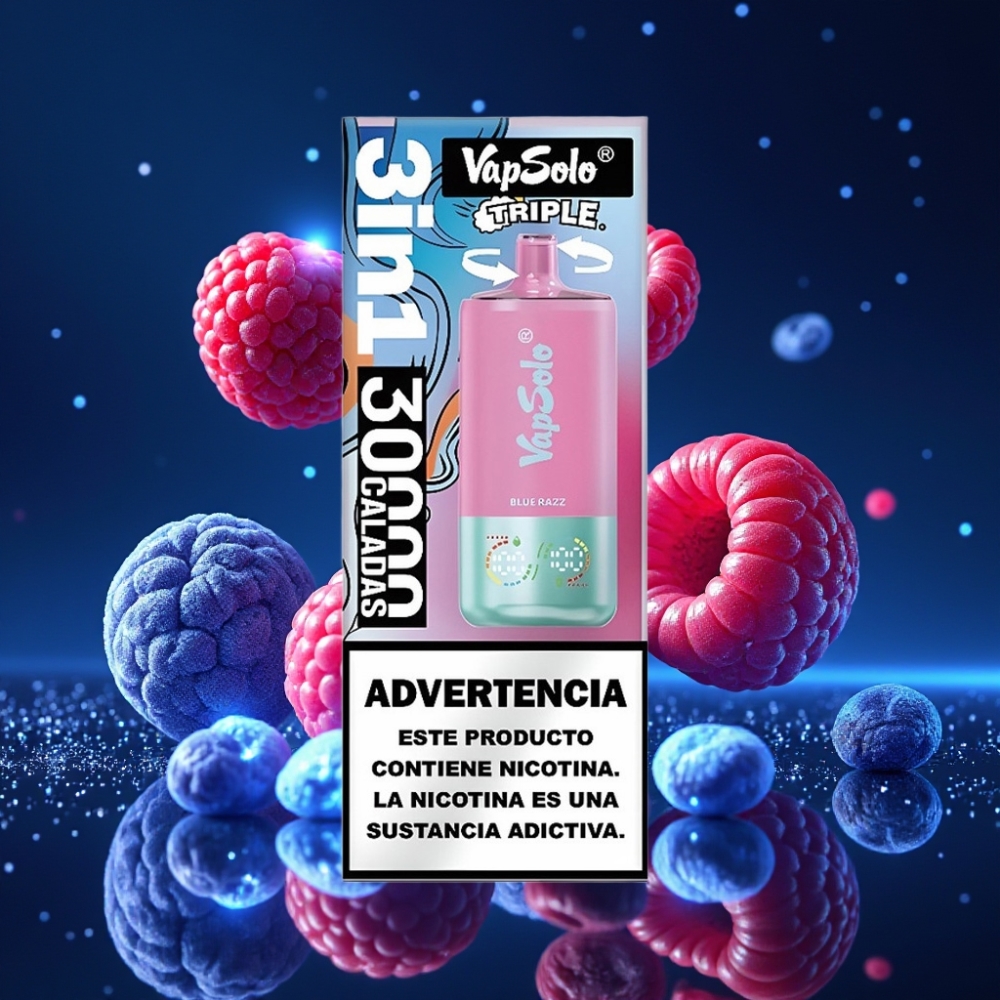 VapSolo Triple 30000 Puffs Ühekordne Vape Sinised Vaarika(Blue Razz) - 40ml, 20mg/ml/50mg/ml, 3 Tanki, Type-C Laadimine