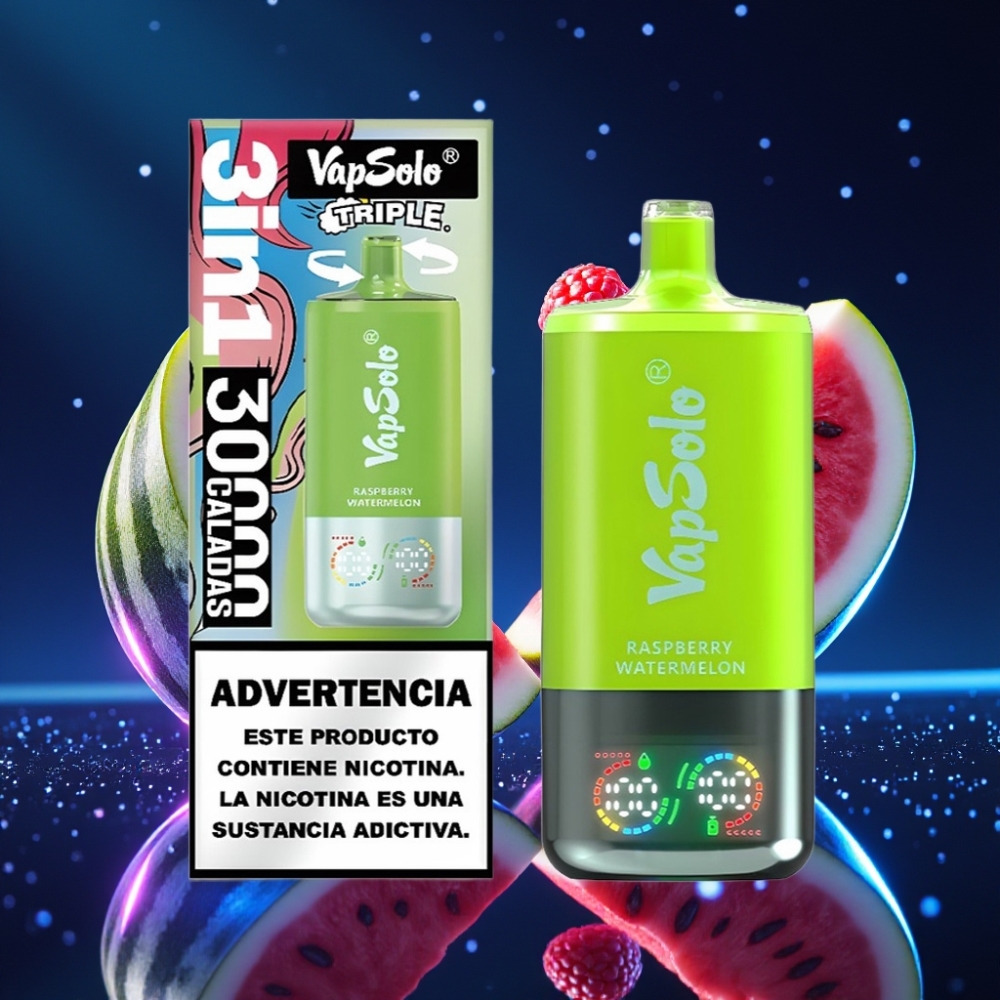 Vapsolo Triple 30000 Puffs Disposabelne Vape Vaarikas-Arbuus, 40ml e-vedelik, 20 mg/ml või 50 mg/ml nikotiini, Type-C laadimine