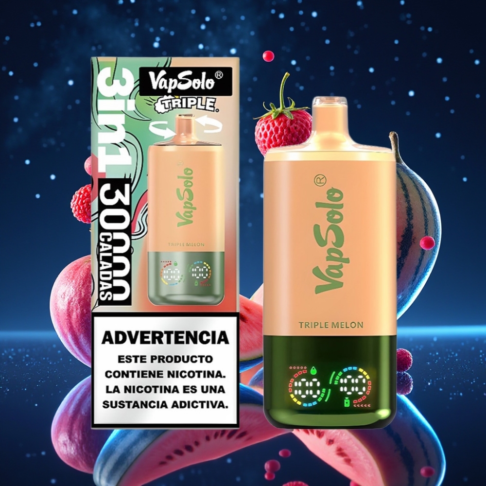 Vapsolo Triple 30000 Puffs Kolmikmeloni Kasutatav Vape 40ml E-vedelik 20mg/ml/50mg/ml Type-C Laadimine