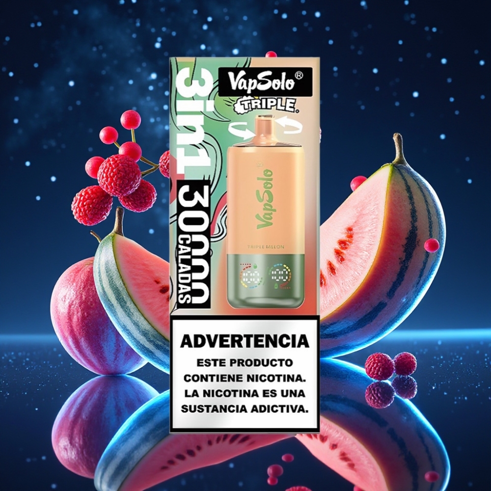 Vapsolo Triple 30000 Puffs Kolmikmeloni Kasutatav Vape 40ml E-vedelik 20mg/ml/50mg/ml Type-C Laadimine