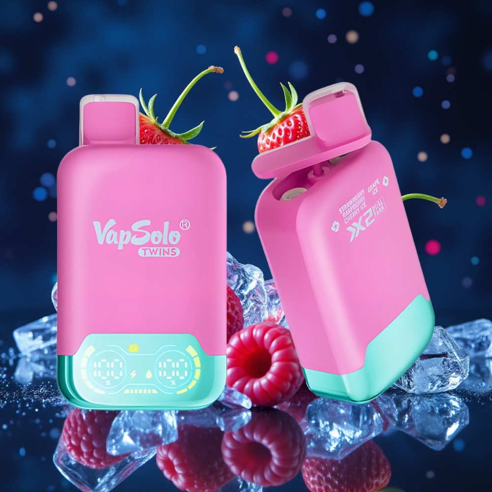 Vapsolo Twins 20000 Pöhud Ühekordne Vape Maasikas-Vaarik-Kirsilumi & Viinamarjalumi, 40 ml e-vedelik, 20mg/ml või 50mg/ml nikotiini, Type-C laadimine