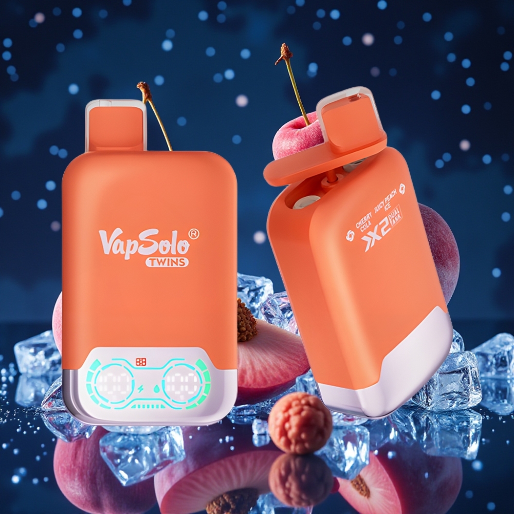 Vapsolo Twins 20000 Puffs Ühekordne Vape Kirsi-Cola & Mahla-Virsik Jää, 40 ml, 20mg/ml või 50mg/ml Nikotiini, 2 õlituppi, Type-C Laadimine