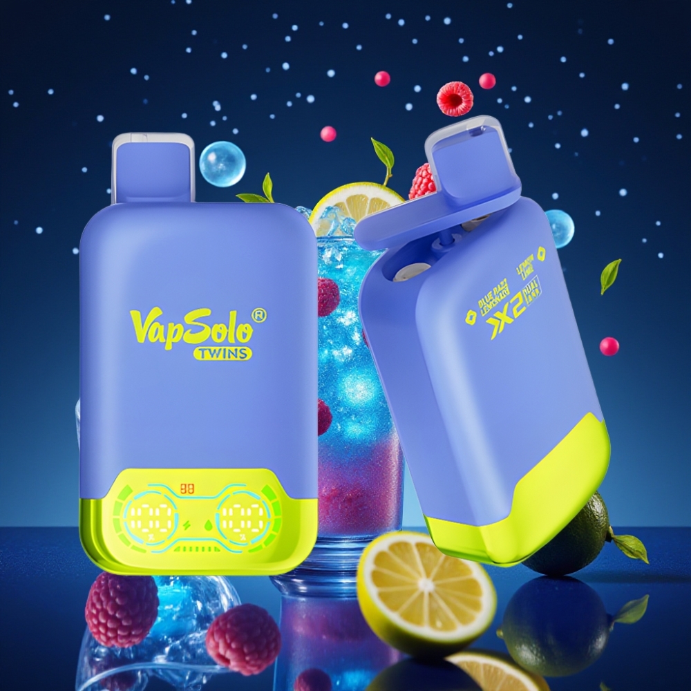 Vapsolo Twins 20000 Puffs Ühekordne Vape Sinine Vaarika-Limonad & Sidrun-Laimi, 40 ml e-vedelik, 20mg/ml või 50mg/ml nikotiini, 2 mahutit, Type-C laadimine