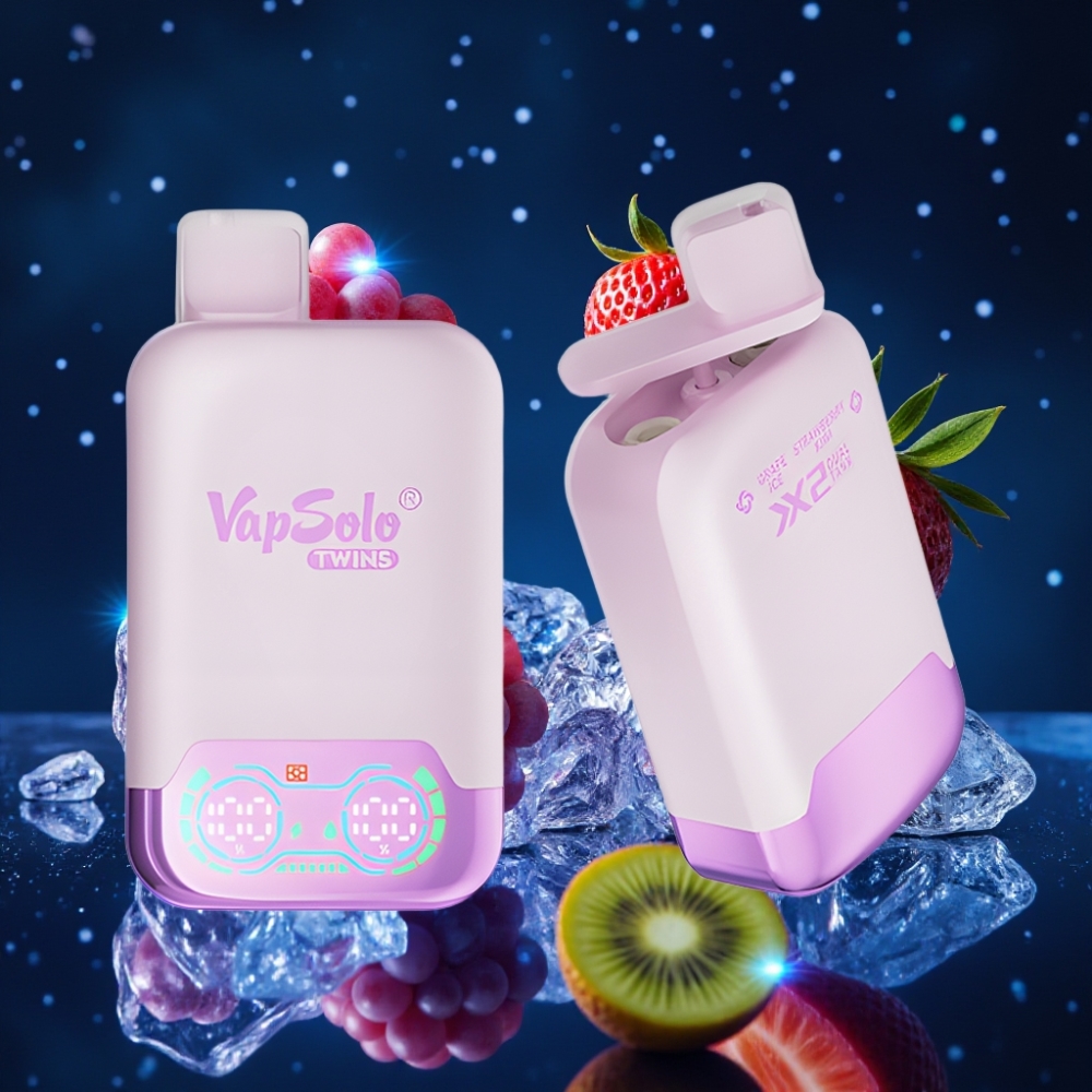 Vapsolo Twins 20000 Puffs Ühekordne Vape Viinamarja jää & Maasika-Kiivi 40 ml, 20mg/ml või 50mg/ml, Type-C laadimine